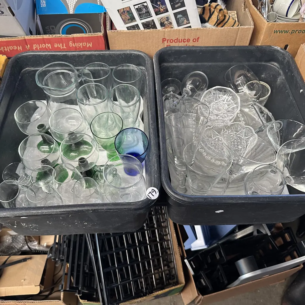 Two bins glass and crystalware. Image 1++