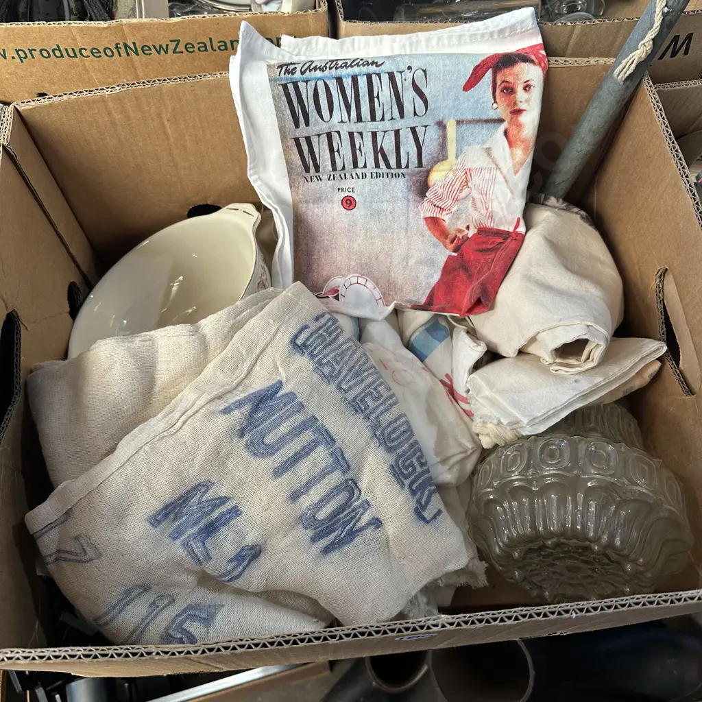 Alfred Meakin bowl, vintage light shade, mutton cloth and vintage tea towels etc. Image 1++