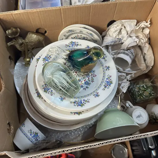 Royal Doulton dinnerware, art glass plus brass items etc.