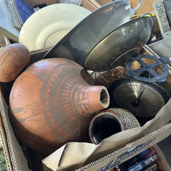 Aluminium platter ,scales, plus decorative items.