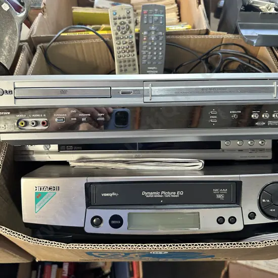 VCR player, DVD and VCR/DVD combo player plus remotes.