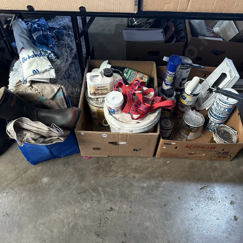 Two boxes of paint, tie downs, Red Band Gumboots, fadge plus pet bed etc. Image 1++
