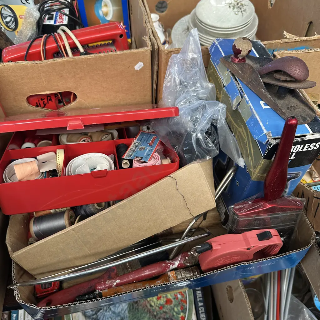 Sewing items, plane, battery drill, paint brushes and saws etc. Image 1++