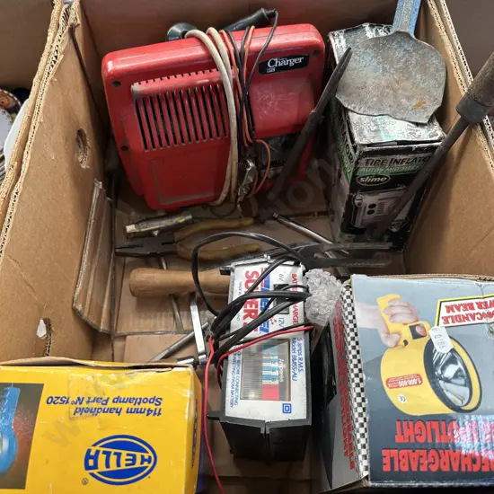 Box lot of tools including battery chargers, tyre inflator, spot lights.