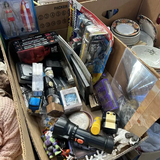 Box of assorted toys/items.