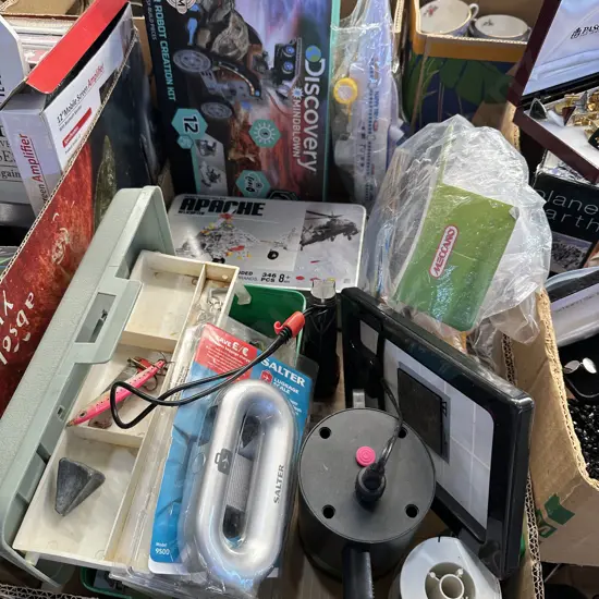 Tackle box, luggage scale, metal construction set etc.