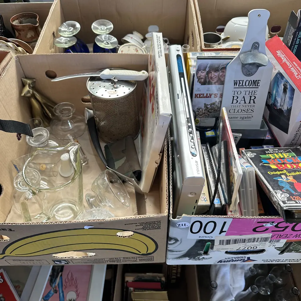 Two boxes DVD player, Bar-B-Boss, solid brass cats etc. Image 1++