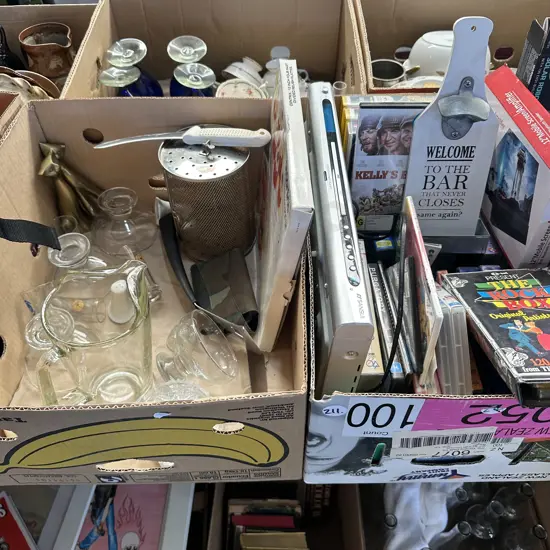 Two boxes DVD player, Bar-B-Boss, solid brass cats etc.