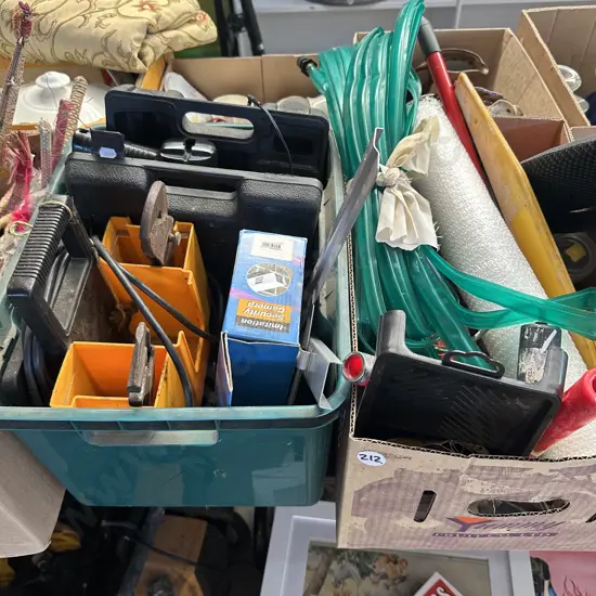Two boxes tools ,gardening, painting gear etc.