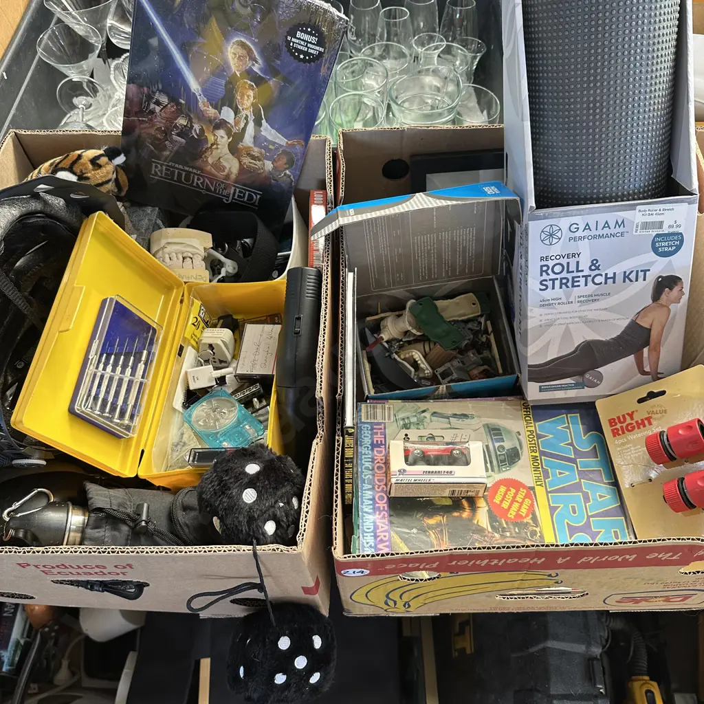 Two boxes Star Wars posters, bike helmet, body roller etc. Image 1++
