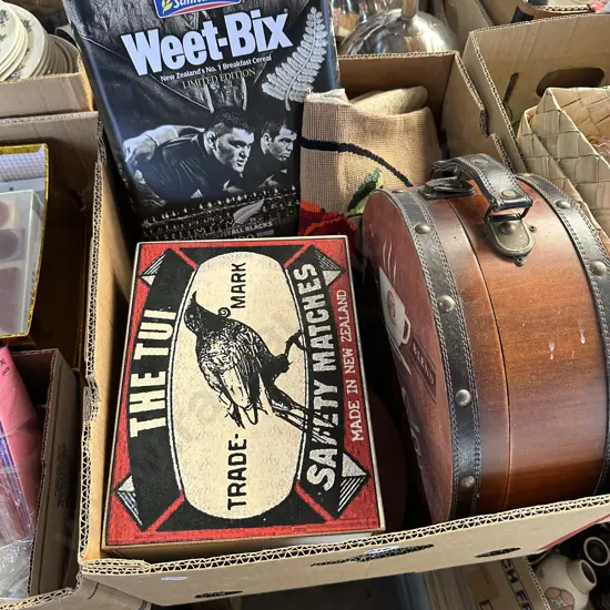 Box lot cups, cases, tin etc.