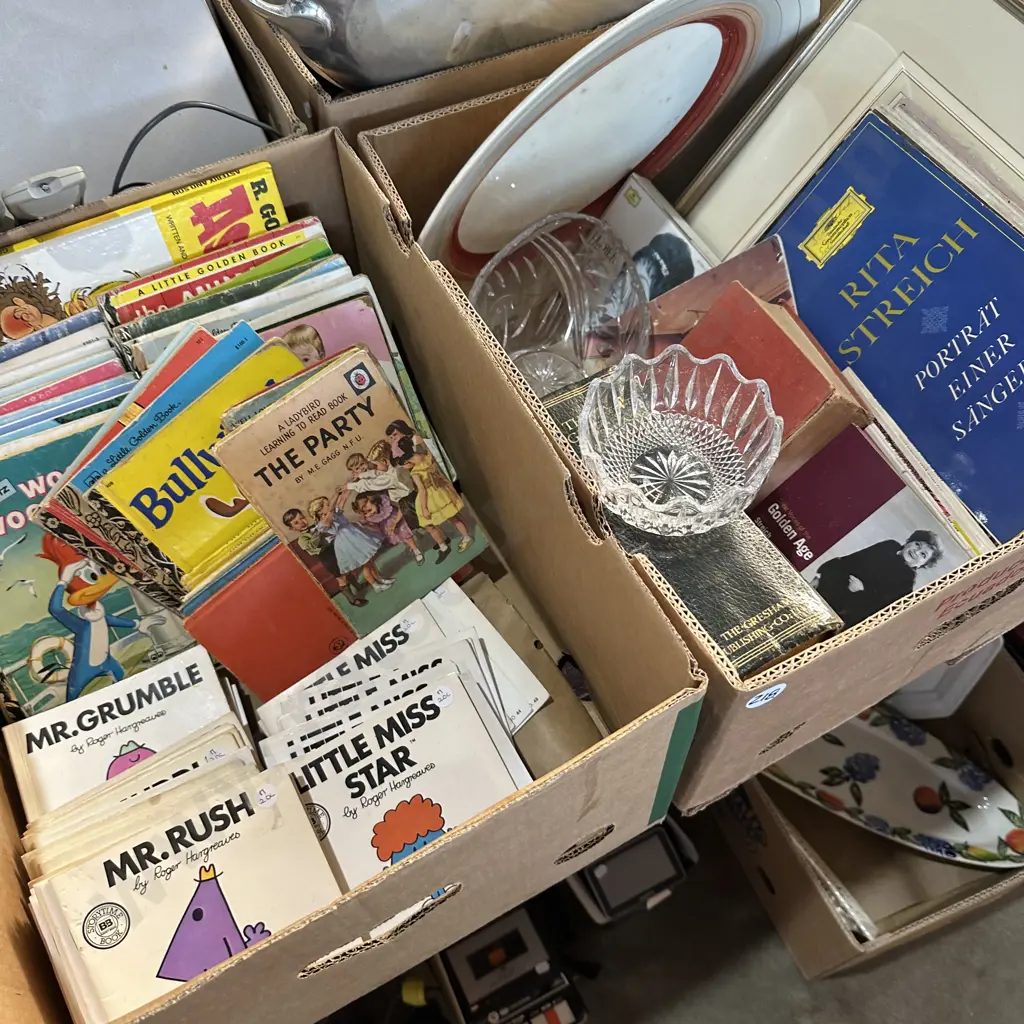 Two boxes little golden books, picture, crystal, records etc. Image 1++