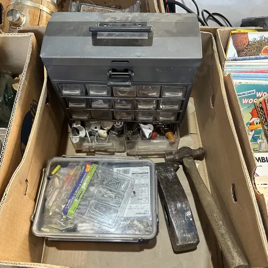 Hobby box and contents, hardware, axe head and hammer.