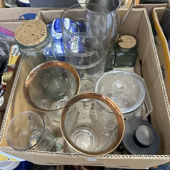 Box lot cookie jar, large vases, s/s jug and canisters etc.