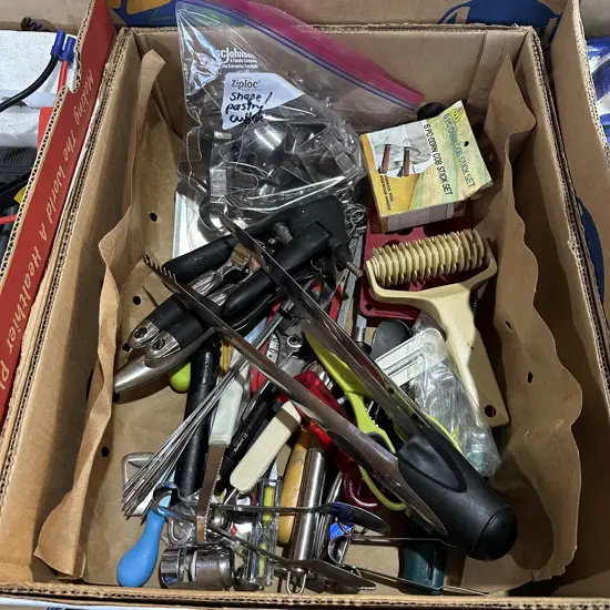 Box lot of utensils and pastry cutters etc.