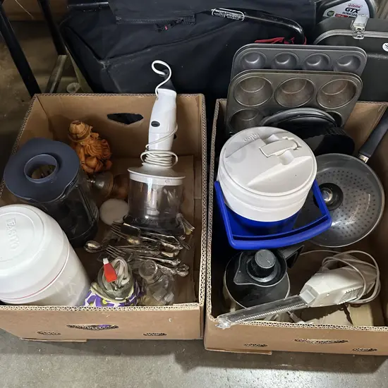 Two boxes yoghurt maker, cutlery, steamer pot, hand wizz etc.