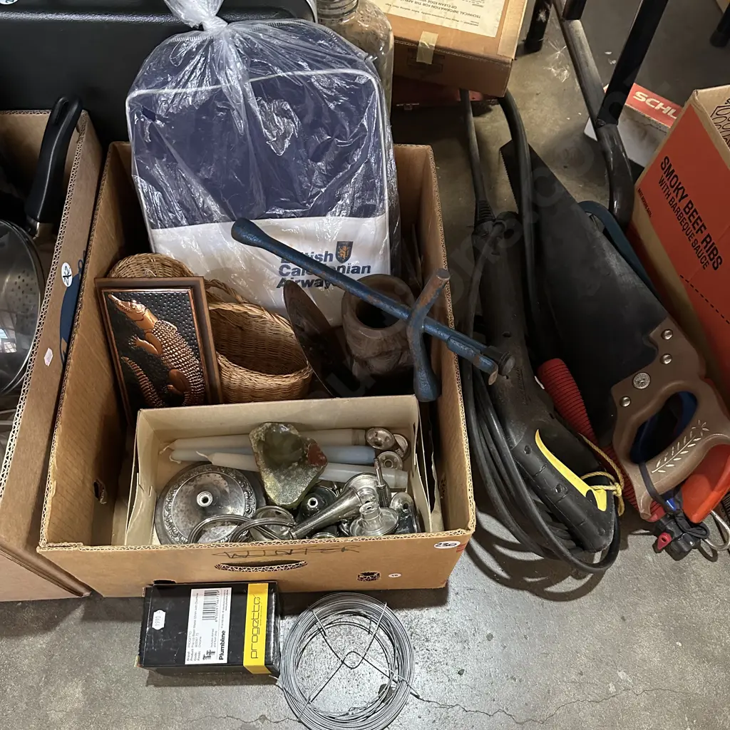 Box lot silverware plus tools, waterblaster wand, saws, new pop up basin waste etc. Image 1++