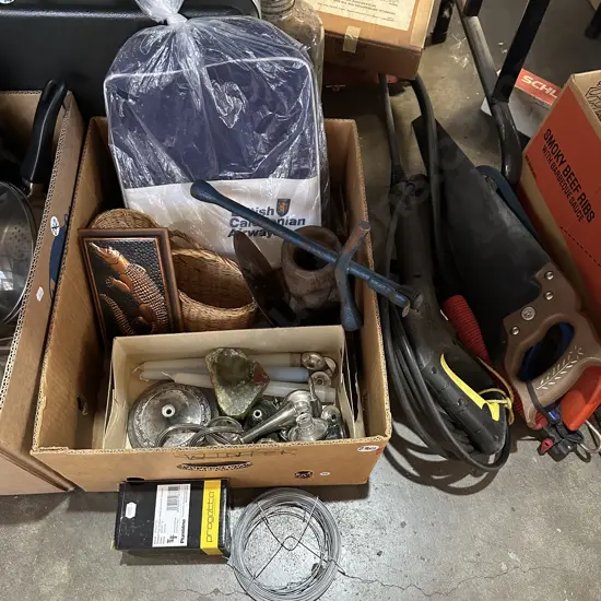 Box lot silverware plus tools, waterblaster wand, saws, new pop up basin waste etc.