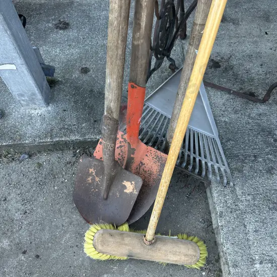 shovels, rakes, broom