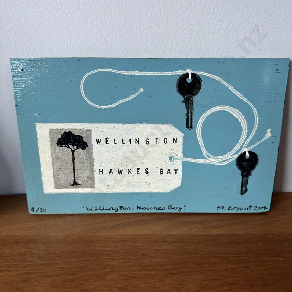 Painted wood panel by M. Bryant 2014 "Wellington, Hawkes Bay" (26cm x 16cm) 4/30 Image 1++