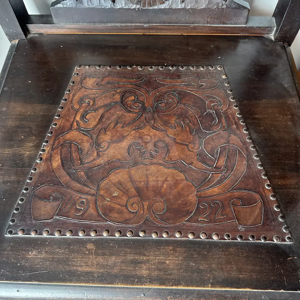 Large Gothic style chair with worked leather & dome seat 1922 Image 1++