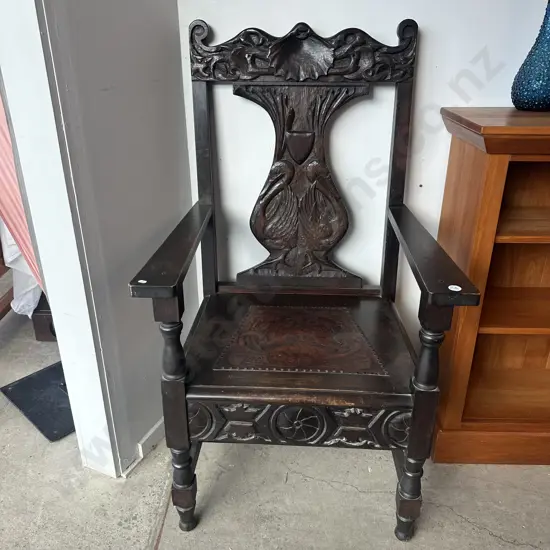 Large Gothic style chair with worked leather & dome seat 1922