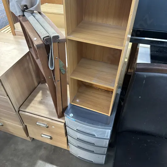 2 plastic cabinets, shelf and chair