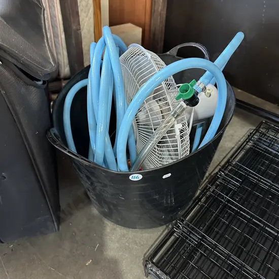 bucket, hose and fan