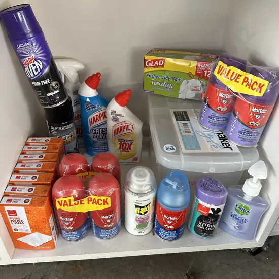 Bay lot of new products plus bin.