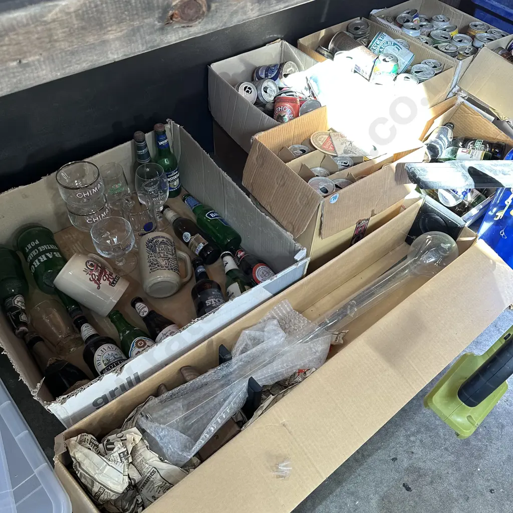 Large bay lot collection of beer cans, bottles, beer glasses plus a Yard glass. Image 1++