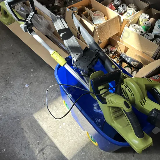 Cordless hedge trimmer, blower, weed eater plus rolling bin, one battery and charger.
