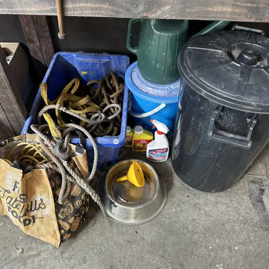 Bin of ropes and tow rope, two lidded bins, watering can, dog bowl etc.