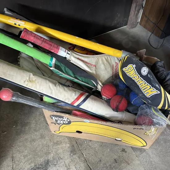 Box full of sporting items.