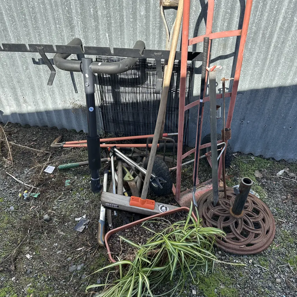 Large lot garden tools, sack barrow, umbrella stand, bike and wall rack, spider plant etc. Image 1++