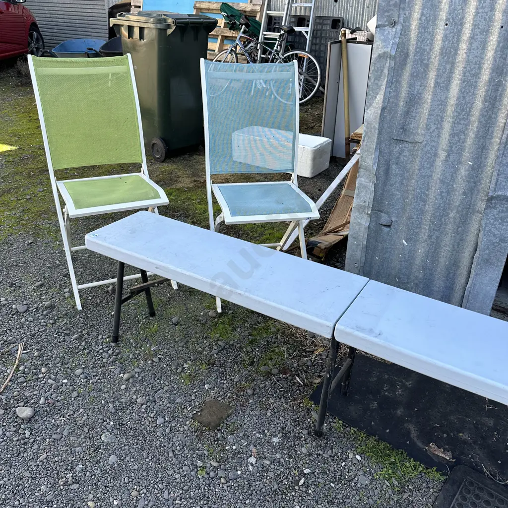 Pair outdoor folding chairs plus folding bench seat. Image 1++