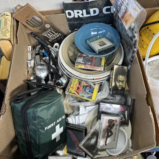 Box lot including cutlery, first aid kit and tapes etc.