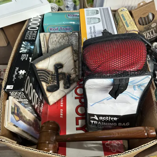 Monopoly, Beatles puzzle, glasses, plaques, training gloves etc.