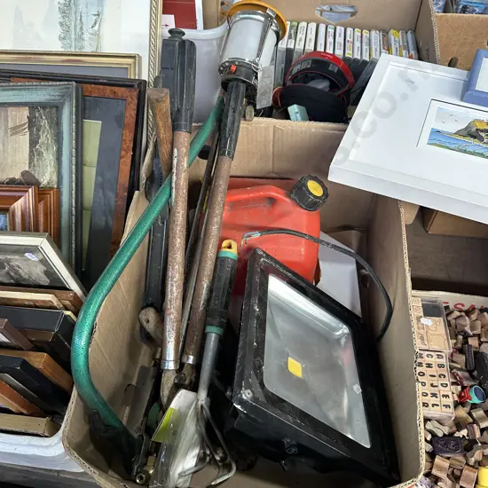 LED floodlight, jerry can, gardening tools and gas lantern etc.