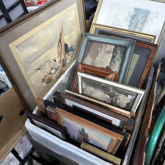 Box of assorted pictures.