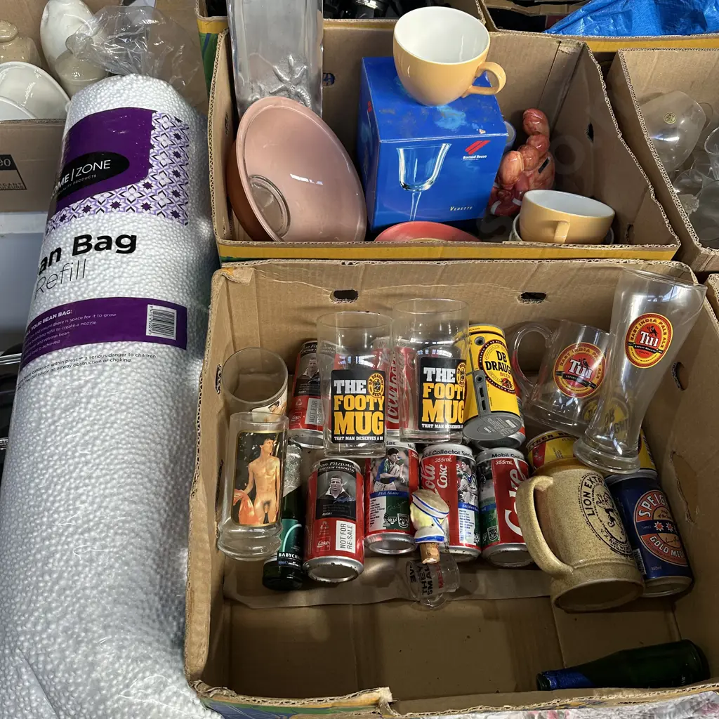 Two boxes Beer glasses, radio and Coke cans plus been bag refill etc. Image 1++