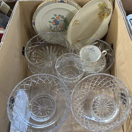 Crystal bowls, Masons plates plus Royal albert china etc.