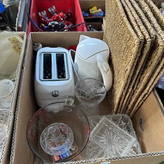 Pyrex measuring bowl, crystal, sea grass placemats etc.