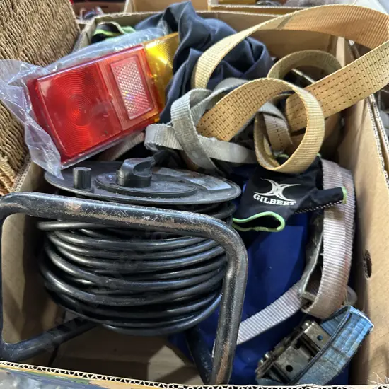 Extension cord reel, tie downs, overalls etc.