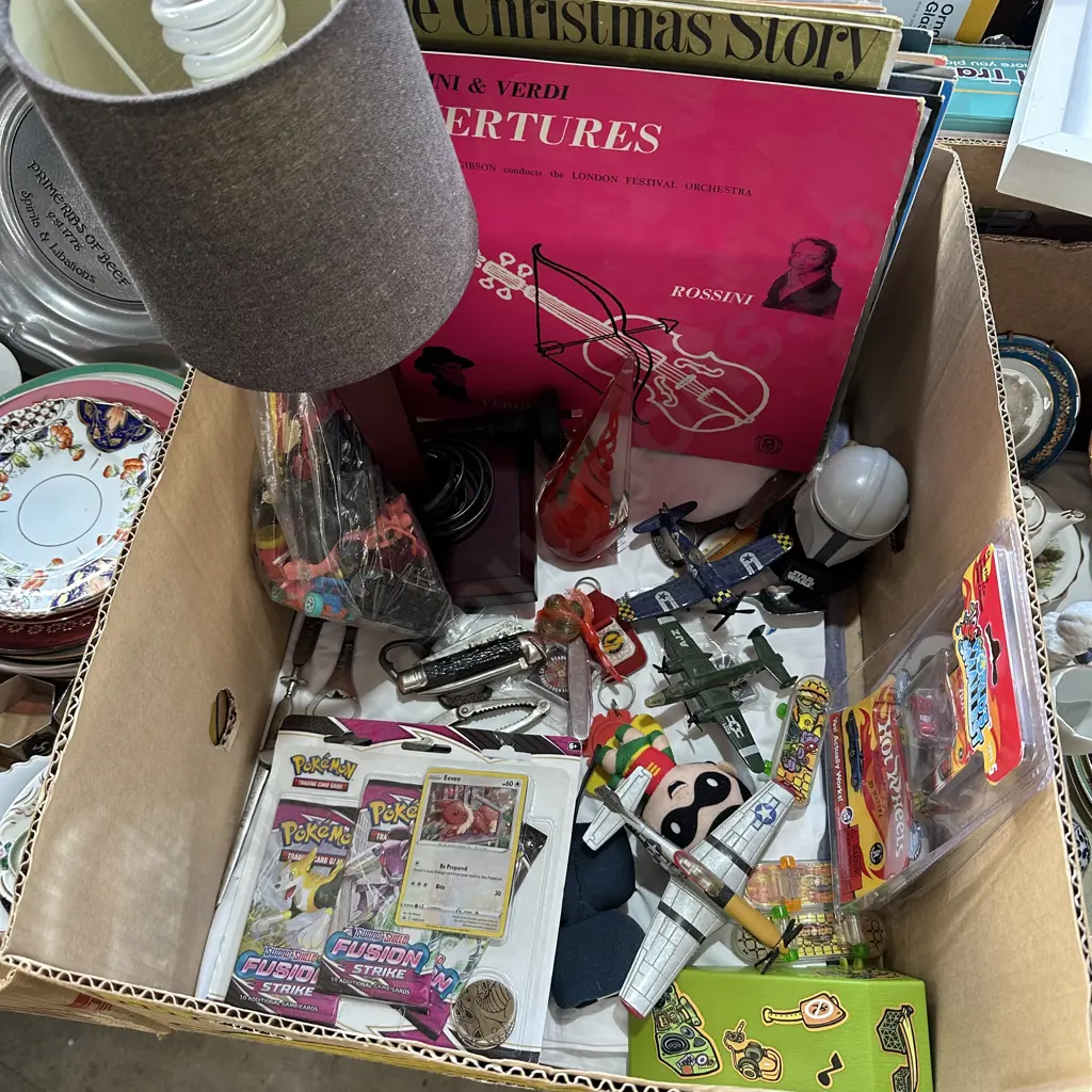 Lamp, records, art glass, toys including pokemon, cars and aeroplanes etc. Image 1++