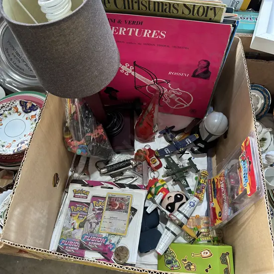 Lamp, records, art glass, toys including pokemon, cars and aeroplanes etc.