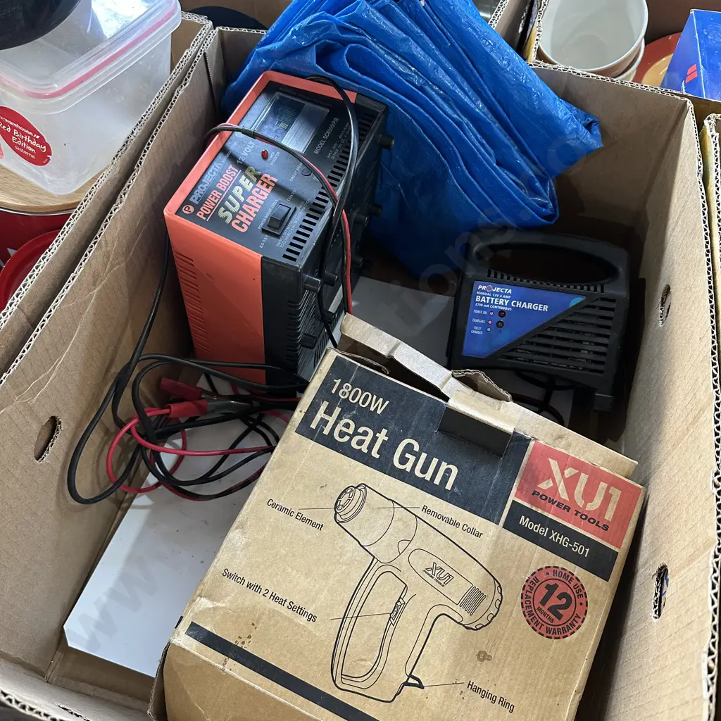 Two battery chargers, tarp and heat gun. Image 1++