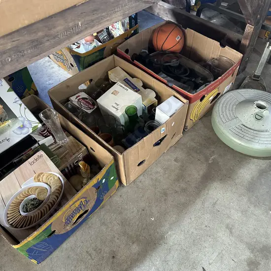 Three boxes with electric frying pan, umbrella stand, boxed glassware etc.