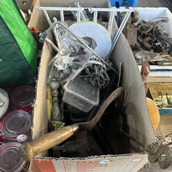 Box lot including nails, chain, shelf brackets, castors etc.
