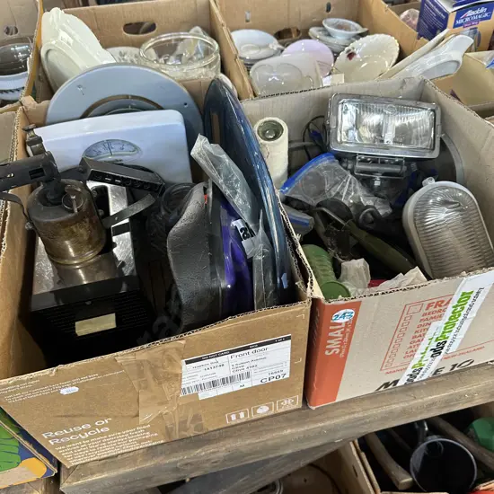 Two boxes tools, hardware, blow torch etc.