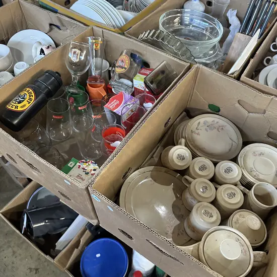 Two boxes dinnerware plus beer glasses etc.